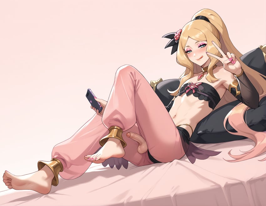 1boy 1femboy ai_generated androgynous azatech blonde_hair blonde_hair blonde_hair_male blue_eyes blush blush cock-tail erect_penis erection feet femboy femboy_focus femboy_only femboysub flat_chest girly long_hair makeup male male_focus male_only medium_penis mischievous_smile pale-skinned_femboy pale-skinned_male pale_skin pink_lipstick pink_nail_polish pink_nails pink_toenail_polish pink_toenails ponytail pose posing sissification sissy smile soles toes trap yaoi