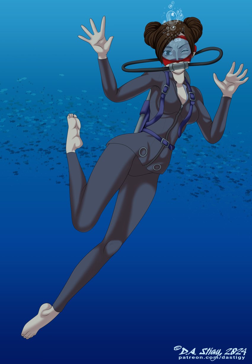 1girls 5_toes barefoot brown_eyes brown_hair dastigy diving_suit feet female female_only naruto naruto_(series) scuba scuba_gear scuba_mask scuba_tank soles solo solo_female solo_only tenten toes underwater