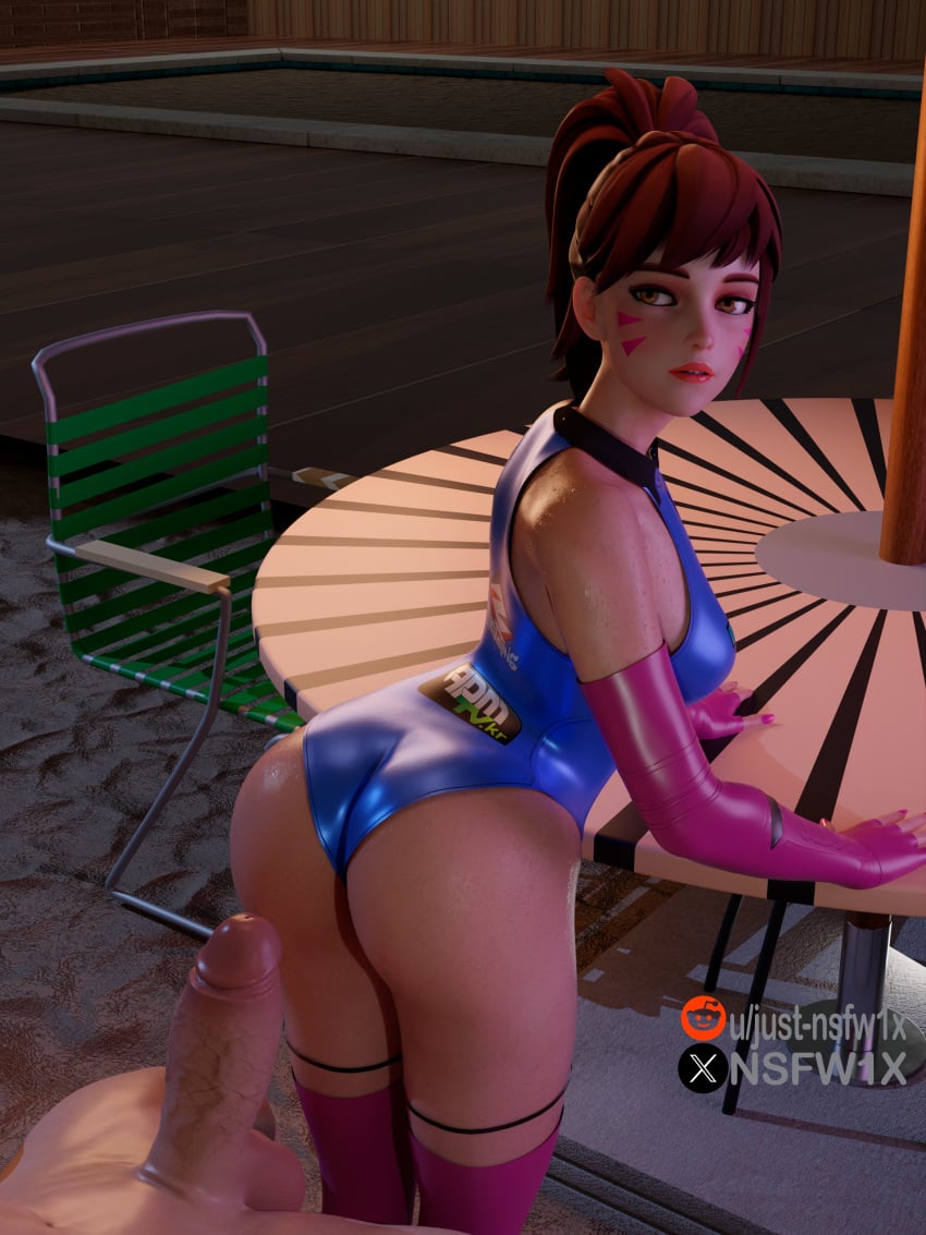 1boy 1girls 3d ass boots booty cock d.va elbow_gloves high_heels latex_gloves latex_suit looking_back overwatch poolside swimsuit video_game_character