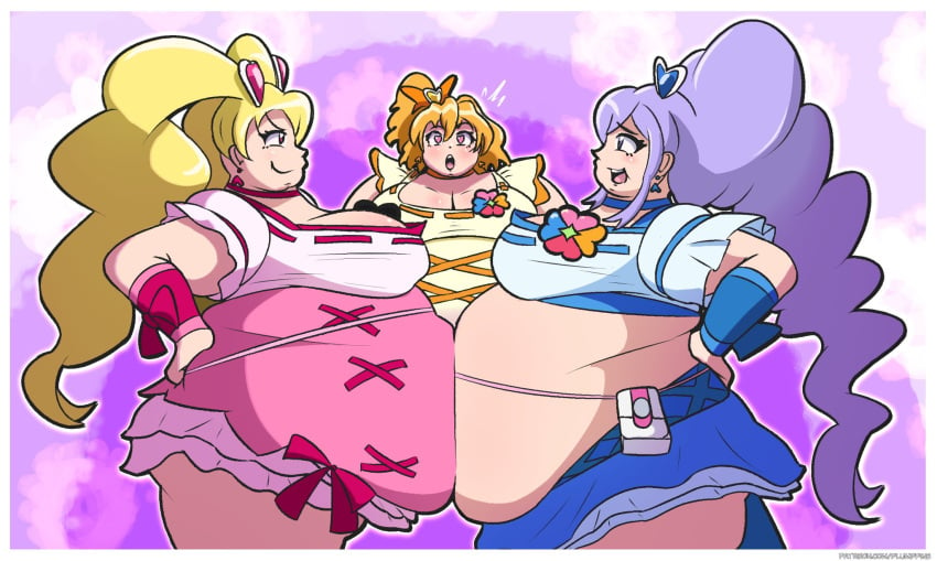 3girls aged_up aono_miki belly_press belly_to_belly big_belly big_breasts cure_berry cure_peach cure_pine fresh_precure! fresh_pretty_cure fresh_pretty_cure! huge_belly momozono_love obese plump_pine precure ssbbw yamabuki_inori