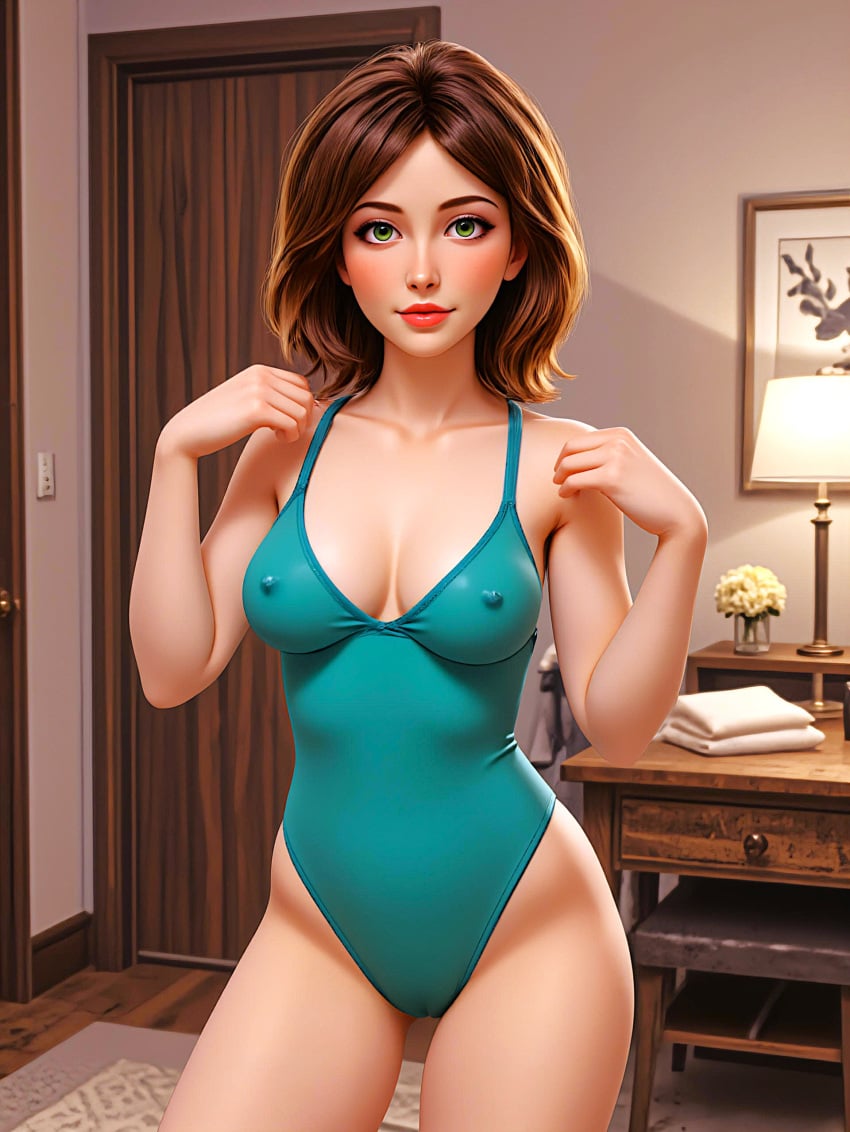 ai_generated aunt_cass big_hero_6 breasts erect_nipples_under_clothes looking_at_viewer swimsuit thighs