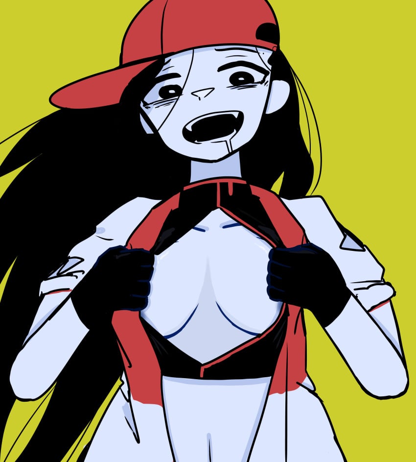 1girls black_eyes black_gloves black_hair breasts butcher_vanity_(synthesizer_v) cleavage collarbone crazy_face drooling gloves hat jacket long_hair looking_at_viewer medium_breasts mv_character navel open_jacket open_mouth opening_jacket red_hat sharp_teeth simple_background solo synthesizer_v voifoooork white_pupils white_skin yellow_background yi_xi_(synthesizer_v)