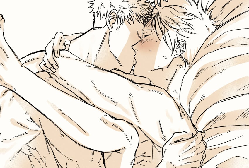 2boys back blush closed_eyes couple fushiguro_megumi fushirun_rung gay hug implied_sex itadori_yuuji jujutsu_kaisen kissing lying male_focus multiple_boys nude short_hair sweat toned toned_male yaoi