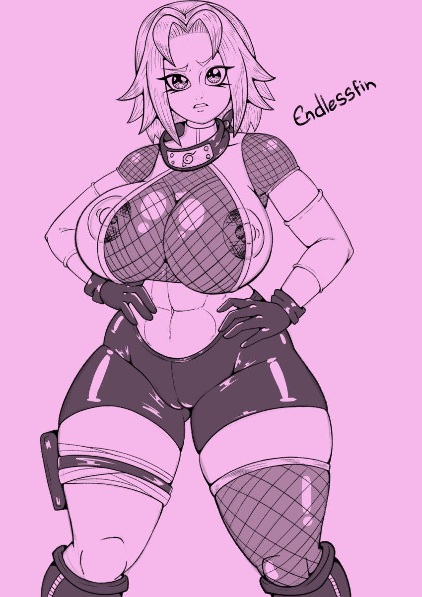 2d 2d_(artwork) 2d_artwork big_breasts breasts_bigger_than_head endlessfin fishnets haruno_sakura hourglass_figure konohagakure_symbol looking_at_viewer muscular_abs muscular_female naruto naruto_shippuden sakura_haruno scketch thick_hips thick_thighs thin_waist