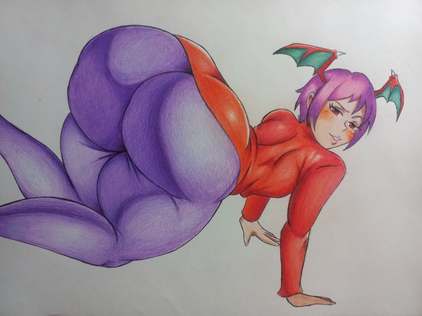 1girls ass ass_focus big_ass blush capcom clothed darkstalkers ettugs flat_chest from_behind huge_ass lilith_aensland on_all_fours pants purple_hair red_eyes short_hair smile solo succubus suit thick thick_ass thick_thighs traditional_art traditional_media_(artwork) wings