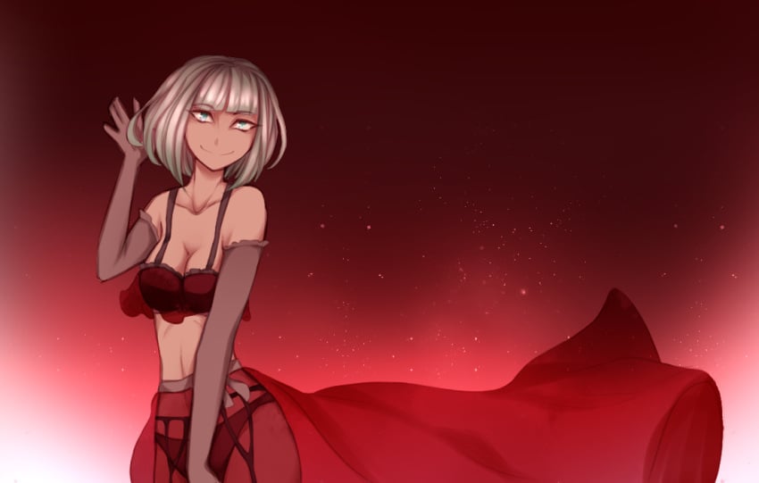 1girls 2018 alternate_hair_color alternate_skin_color blue_eyes blunt_bangs bob_cut bra brass_noise_flamenco_(vocaloid) breasts burgundy_background cleavage closed_mouth closed_mouth_smile collarbone elbow_gloves garter_belt garter_straps gloves gradient_background gumi long_skirt looking_at_viewer masa_works_design multicolored_background mv_character panties pink_background red_background red_skirt see-through see-through_clothing see-through_skirt shishikusas short_hair skirt small_breasts smile tan_skin tan_skinned_female tsurime underwear vocaloid white_background white_hair