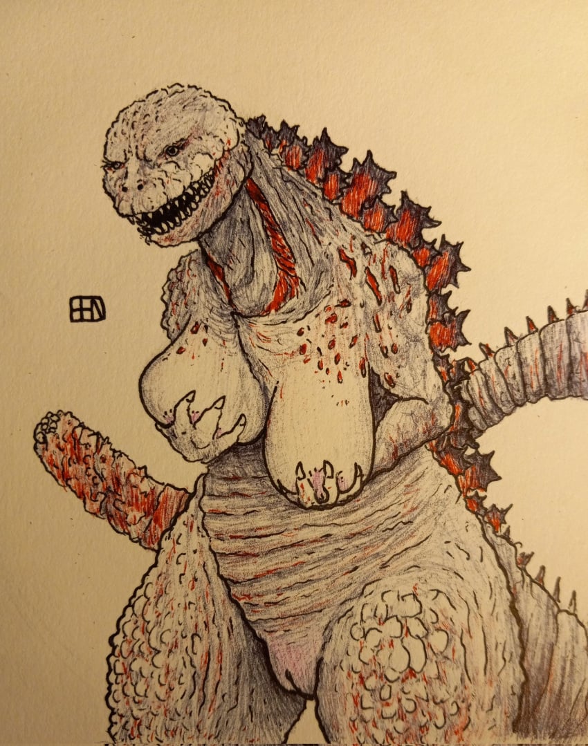 anthro benzoit breast_fondling breast_play breasts female fondling fondling_self genitals godzilla_(series) hand_on_breast hi_res kaiju mutated nude pussy scalie shin_godzilla small_arms solo toho traditional_media_(artwork)