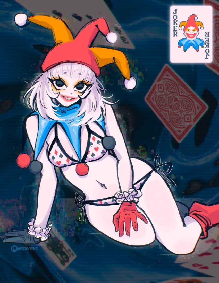 balatro boots clown_girl clown_makeup feminization genderswap_(mtf) gloves jester jester_cap jester_girl jimbo_(balatro) looking_at_viewer megrocks poker poker_cards rule_63 white_hair white_skin