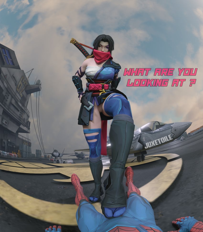 1boy 1girls 3d asian asian_female black_hair english_text exposed_pussy feet feet_focus female female_focus juxetoile katana large_thighs looking_at_viewer marvel marvel_rivals psylocke psylocke_(marvel_rivals) pussy spider-man spider-man_(marvel_rivals) spider-man_(series)