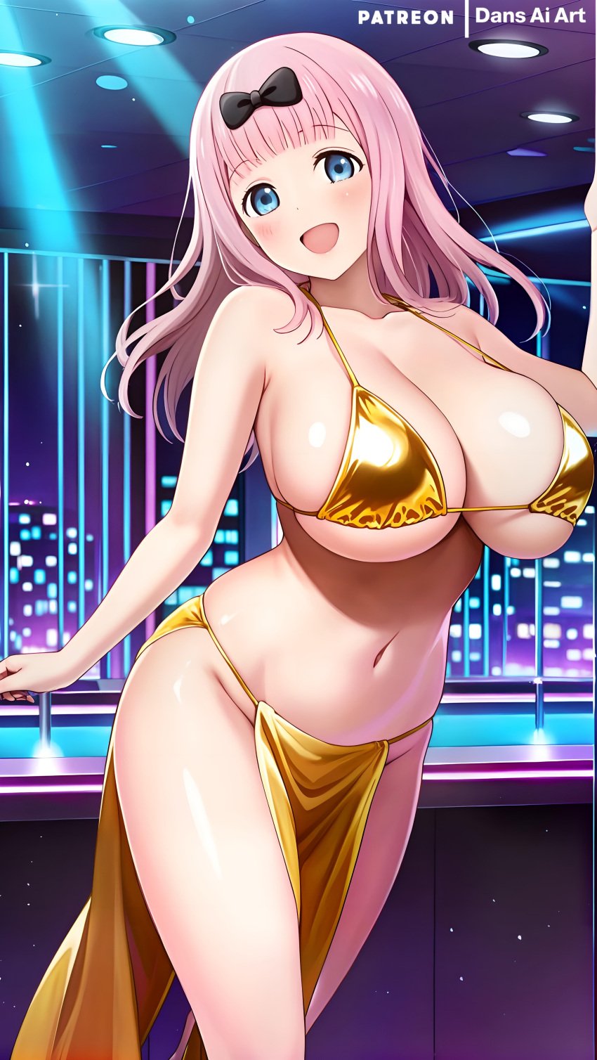 1girls ai_generated big_breasts dans_ai female fujiwara_chika golden_bikini huge_breasts kaguya-sama_wa_kokurasetai_~tensai-tachi_no_renai_zunousen~ large_breasts pelvic_curtain pink_hair