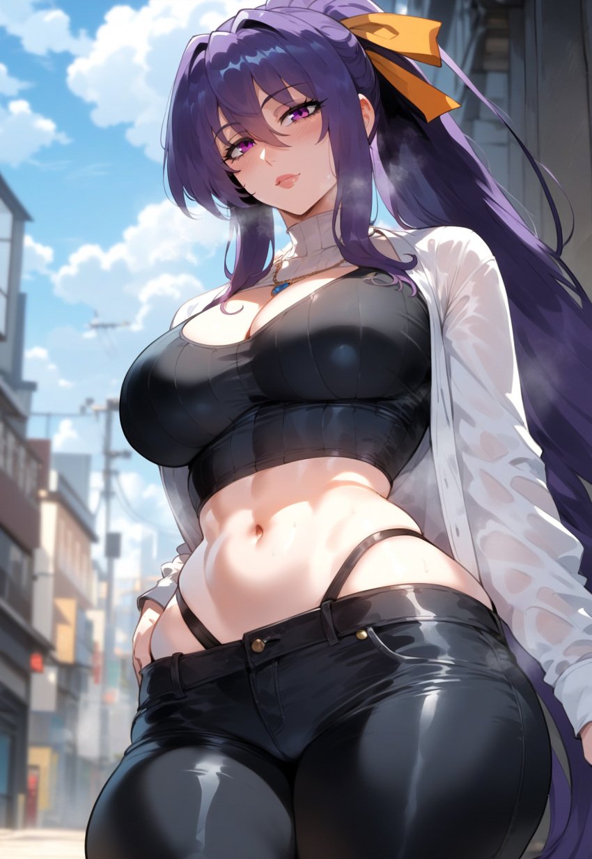 ai-created ai_generated akeno_himejima alley bangs bare_shoulders belt black_clothes black_panties black_pants black_underwear blue_sky blush breasts building city cleavage cleavage_cutout closed_mouth clothing clothing_cutout cloud crop_top curvaceous curvaceous_female curvy_female day denim female female_focus female_only hair_between_eyes hair_ornament hair_ribbon high_resolution high_school_dxd highleg highleg_panties himejima_akeno jacket jeans jewelry large_breasts long_hair long_sleeves looking_at_viewer midriff miyuai navel necklace open_clothes orange_ribbon outdoors pants pantsu parted_lips ponytail public purple_eyes purple_hair ribbon seductive seductive_look seductive_smile shirt sidelocks sky smile solo standing stomach sweat thick_thighs thighs tied_hair turtleneck underwear very_long_hair voluptuous