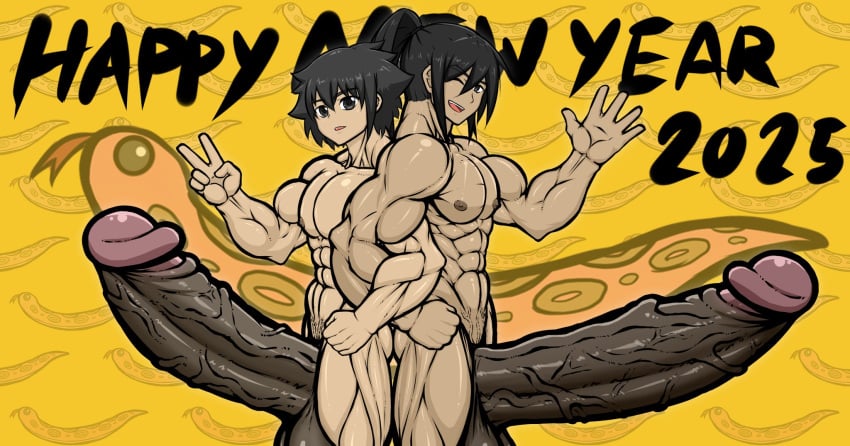 2boys gigantic_penis muscular_male new_year original_character penis_bigger_than_torso yaoi zeignal