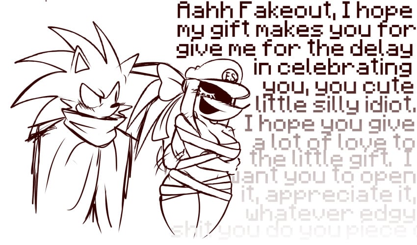 1boy 2d fakeout_(doutm_fakersin) female friday_night_funkin gifting_self half_naked ribbon sabotage_(exeg) sonic.exe sonic.exe_(series) sonic_(series)