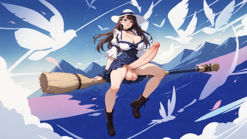 1futa 1futanari 1girls ai_generated birds blue_and_white_dress blue_bowtie blue_eyes blue_hatband blue_ribbon blue_skirt blue_sky broom_riding broomstick brown_boots brown_hair choker clouds comfyui damatt detached_sleeves flat_colors frilled_shirt frilled_wristband frills glans high_waisted_skirt huge_cock large_balls large_testicles leather_boots lipstick long_hair mountainous_horizon no_panties no_underwear pastel_colors sea shiny_skin simple_background simple_shapes smooth_hair solo solo_futa veins_on_dick wallpaper white_hat white_shirt white_top