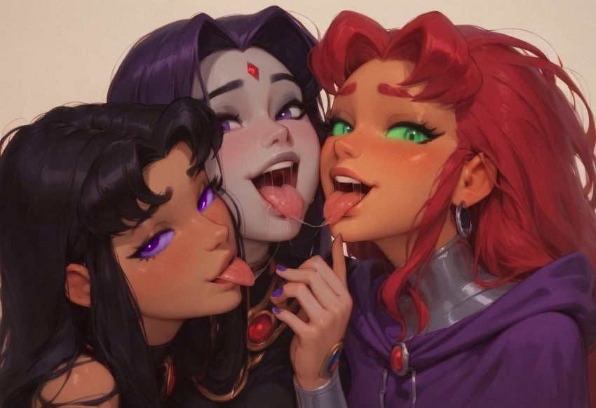 3girls ai_generated black_hair blackfire clothed dc_comics green_eyes grey_skin komand'r koriand'r making_out orange_skin purple_eyes purple_hair rachel_roth raven_(dc) red_hair saliva saliva_string sisters starfire teen_titans tongue_out yuri yuri