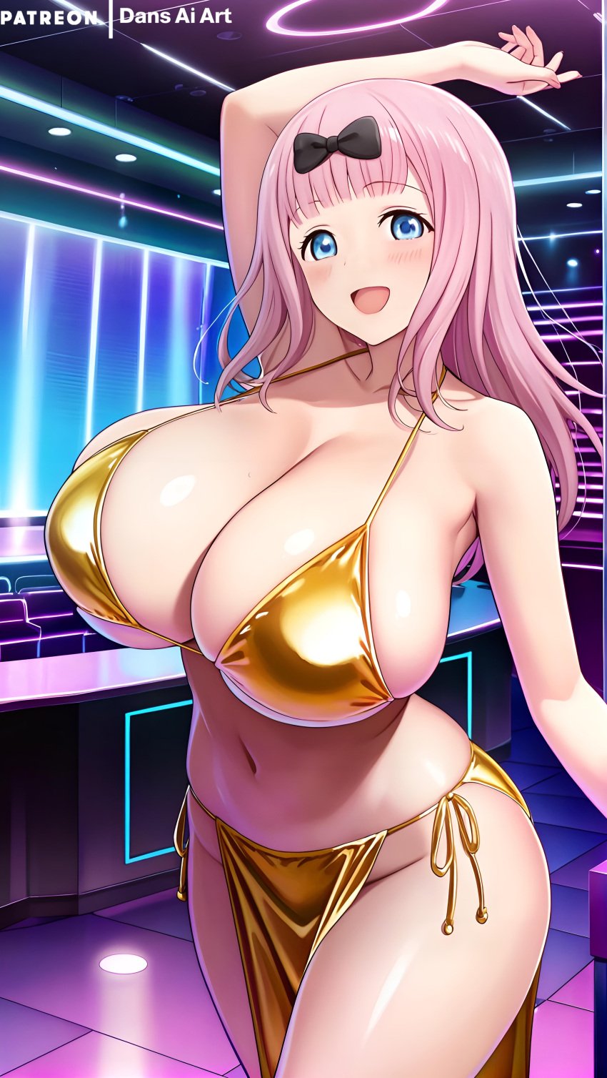 1girls ai_generated big_breasts dans_ai female fujiwara_chika golden_bikini huge_breasts kaguya-sama_wa_kokurasetai_~tensai-tachi_no_renai_zunousen~ large_breasts pelvic_curtain pink_hair