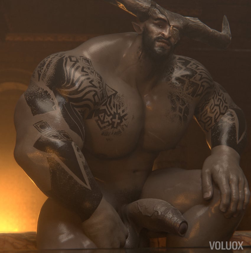 2_horns 3d absurd_res biceps bioware digital_media_(artwork) dragon_age electronic_arts eye_patch eyewear foreskin genitals hi_res horn humanoid humanoid_genitalia humanoid_penis iron_bull male muscular muscular_humanoid muscular_male nipples nude pecs penis qunari solo tattoo vein veiny_penis voluox