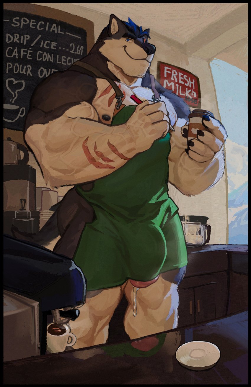 2025 anthro apron apron_only areola barazoku barely_contained barista biceps big_bulge big_muscles big_penis black_border bodily_fluids border bulge canid canine canis claws clothing coffee_cup coffee_shop container cup detailed_background dripping employee english_text eyebrows fur genital_fluids genitals glans hair hi_res huge_bulge huge_cock huge_muscles humanoid_genitalia humanoid_penis inside looking_at_viewer male mammal marius_tygo marker menu muscular muscular_anthro muscular_male nipples painterly pecs penis plate precum precum_drip precum_string scar smile solo standing text thick_arms thick_thighs tuft vein veiny_muscles wolf