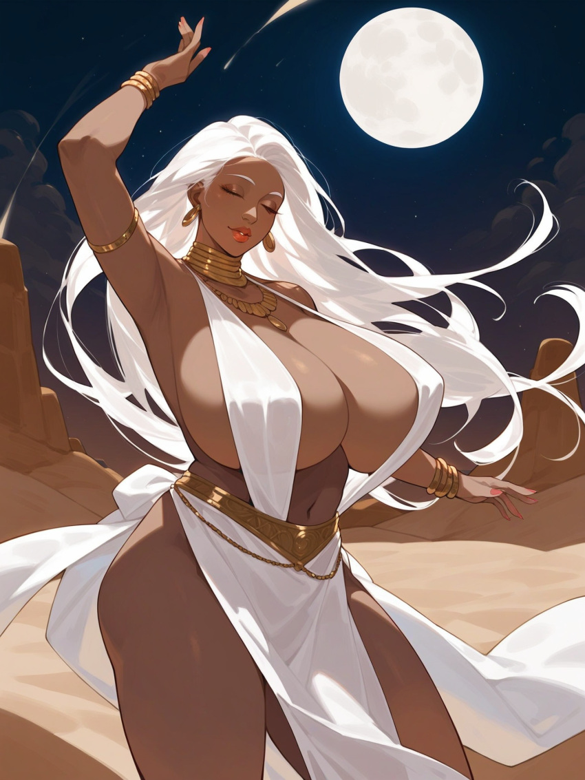 1girl 1girls ai_generated armpits big_breasts breasts closed_eyes dancer dancer_outfit dancing dark-skinned_female dark_skin female female_only gold_jewelry huge_breasts jewelry jjockey long_hair moon navel original solo solo_female solo_focus thick_thighs voluptuous voluptuous_female white_hair