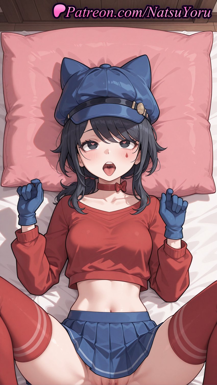 1girls ai_generated animal_ear_headwear animal_ears animal_hat anime anime_style asian bangs bed bed_sheet black_eyes black_hair blue_gloves blue_headwear blue_skirt blush bow breasts bust busty cabbie_hat cat_hat choker clitoris clothing collarbone cool_mita_(miside) crop_top cropped_shirt east_asian facial_mark fake_animal_ears female female_focus female_only female_solo gloves hands_up hat heart heart-shaped_pupils hentai hi_res high_quality high_resolution highres implied_sex labia legwear lips long_hair long_sleeves looking_at_viewer lying medium_breasts medium_hair midriff miniskirt miside mita_(miside) mole natsuyoru navel no_panties on_back on_bed open_mouth peaked_cap pillow pleated_skirt pov pussy pussy_lips pussy_peek red_bow red_choker red_gloves red_legwear red_shirt red_sweater red_thighhighs ribbon_choker shirt sidelocks skirt solo solo_female spread_legs stomach straight sweater swept_bangs symbol-shaped_pupils teeth thighhighs thighs tongue tongue_out twintails uncensored upper_teeth_only vagina voluptuous voluptuous_female vulva