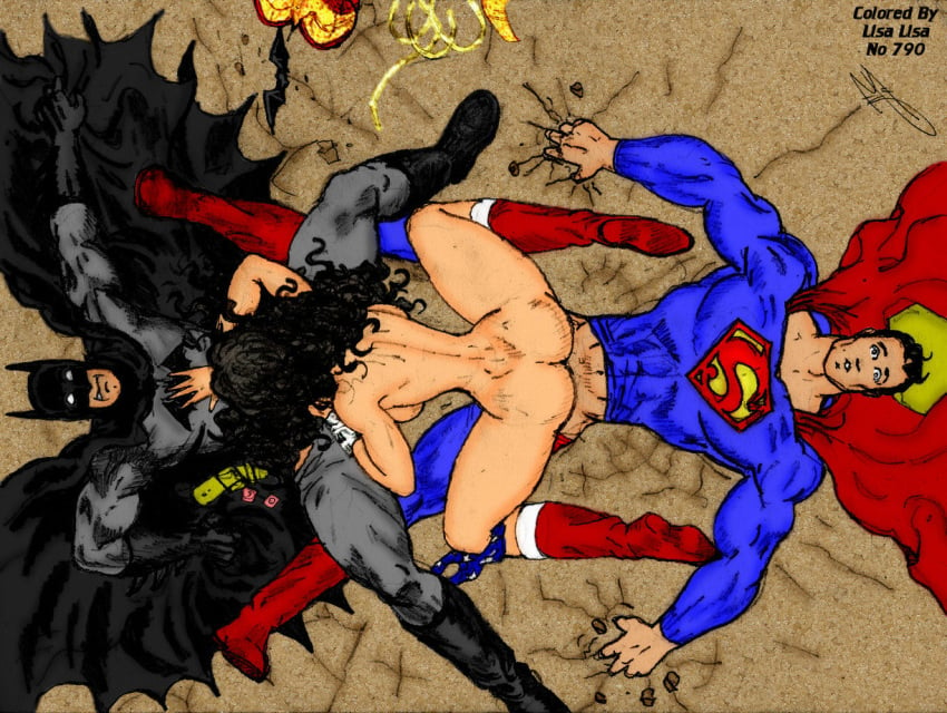 batman batman_(series) bruce_wayne clark_kent dc dc_comics diana_prince female interspecies justice_league ksennin lisa_lisa_(artist) male sex superman superman_(series) threesome wonder_woman wonder_woman_(series)