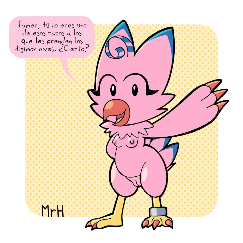 avian bandai_namco beak bird biyomon breasts claws digimon digimon_(species) el_senor_erizo feathers female genitals hi_res nipples nude open_mouth pink_body pink_feathers pussy smile solo spanish spanish_text tail text wings