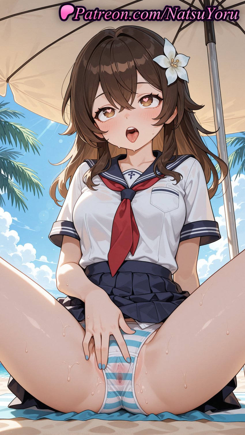 1girls ahe_gao ai_generated anime anime_style asian bangs beach black_sailor_collar black_skirt blue_nails blue_sailor_collar blue_skirt blue_sky blush breast_pocket breasts brown_eyes brown_hair bust busty cameltoe cloud crossed_bangs day female female_focus female_masturbation female_only flower hair_between_eyes hair_flower hair_ornament heart heart-shaped_pupils hentai long_hair looking_at_viewer medium_breasts nail_polish natsuyoru neckerchief open_mouth original original_character outdoors palm_tree panties pantsu pleated_skirt pussy red_neckerchief sailor_collar sailor_uniform saliva school_uniform serafuku shirt short_sleeves sitting skirt skirt_lift sky solo solo_female spread_legs spread_pussy spread_pussy_under_clothes striped striped_clothes striped_panties sweat symbol-shaped_pupils thighs tongue tongue_out towel tree umbrella underwear upper_teeth_only voluptuous voluptuous_female wet wet_clothes white_flower white_shirt