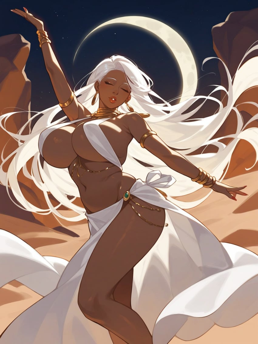 1girls ai_generated breasts closed_eyes dancer dancer_outfit dancing dark-skinned_female dark_skin female female_only gold_jewelry huge_breasts jewelry jjockey long_hair moon navel original solo solo_female white_hair