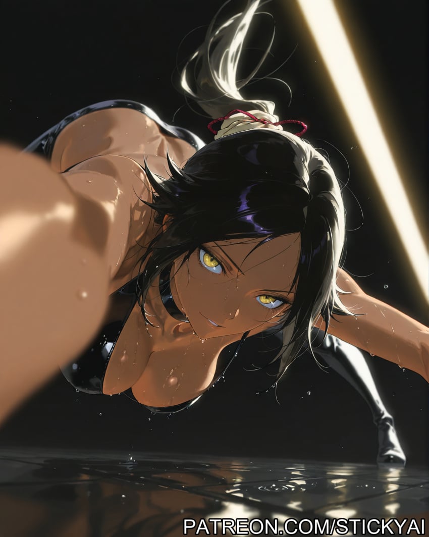 1girls ai_generated anime bleach breasts dominatrix female female_only fit golden_eyes long_hair nsfw purple_hair shihouin_yoruichi stickyai yellow_eyes