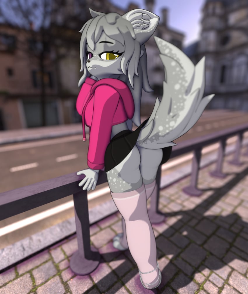 3d anthro ass blender_(artwork) blender_eevee bottomwear building canid canine canis clothed clothing clothing_lift digital_media_(artwork) female fox fur hair hi_res hoodie inviting kaya_the_vixen legwear looking_at_viewer lustful_gaze mammal narrowed_eyes no_underwear nolanhaldam outside public public_exposure seductive skirt skirt_lift smile solo street tail thigh_highs topwear true_fox white_body white_fur