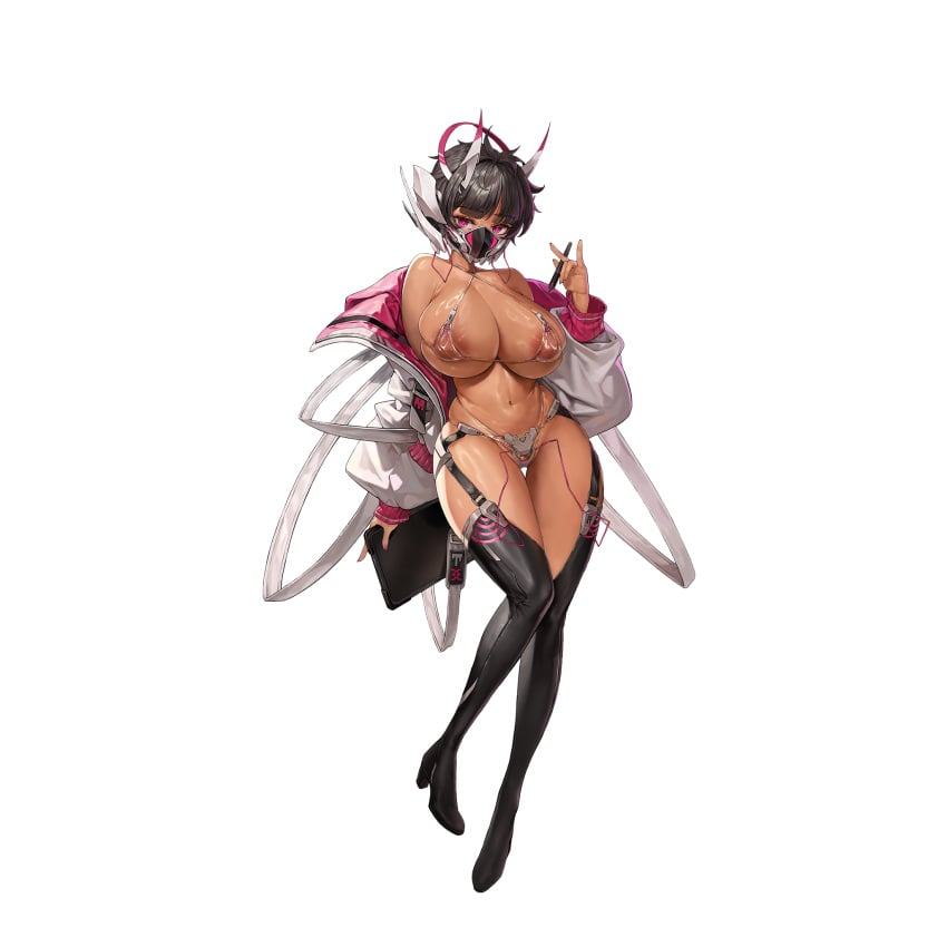 1girls android bikini breasts brown_hair dark-skinned_female game_cg horns huge_breasts inverted_nipples last_origin looking_at_viewer mask melt_(last_origin) micro_bikini nipples official_art open_jacket pink_eyes ren.ko see-through short_hair solo swimsuit thick_thighs thighs vibrator vibrator_in_pussy vibrator_under_clothes