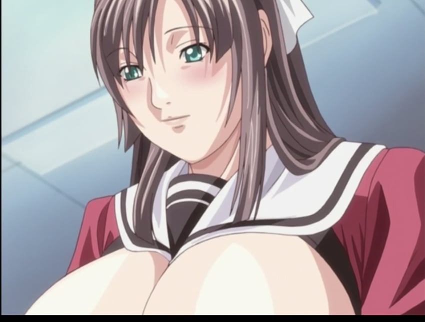 1girls blush blush brown_hair cleavage_(game) hair_ribbon huge_breasts ova screencap smiling toudou_erika