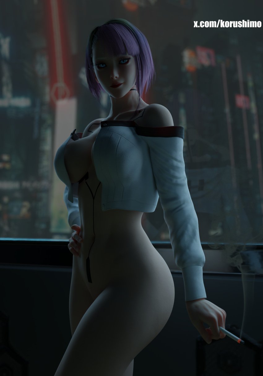 1girls 3d blender blue_eyes breasts cigarette cyberpunk:_edgerunners cyberpunk_2077 female female_focus female_only glowing_eyes hi_res hourglass_figure korushimo light-skinned_female light_skin looking_at_viewer lucyna_kushinada multicolored_hair nude pinup purple_hair seductive short_hair smile smoking