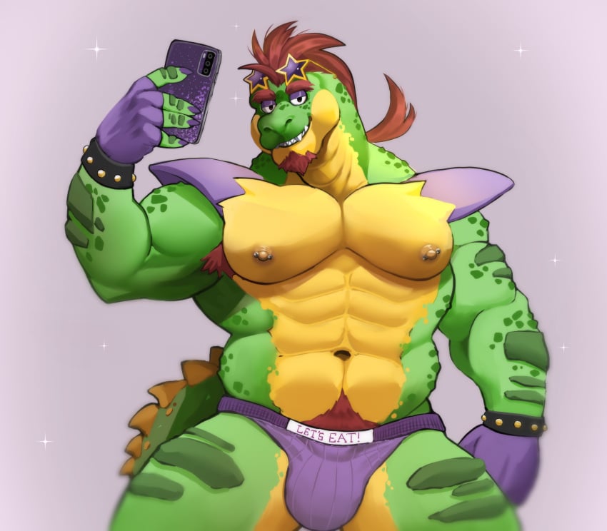 absurd_res alligator alligatorid animatronic anthro balls blush bulge clothed clothing crocodile crocodilian digital_media_(artwork) five_nights_at_freddy's five_nights_at_freddy's:_security_breach genitals giga_m glamrock_freddy green_body hair hi_res humanoid jockstrap jockstrap_only machine male mirror mirror_selfie mohawk montgomery_gator muscular muscular_male nipple_piercing nipples nude pecs penis piercing red_hair reptile robot scales scalie scottgames selfie solo steel_wool_studios tail teeth topless underwear underwear_only