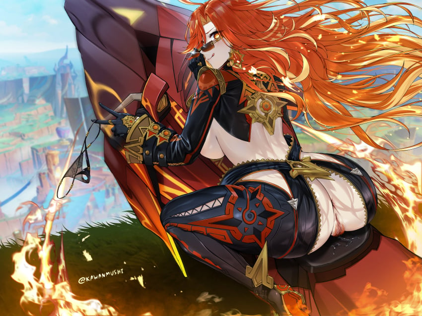 :q absurdres ass black_bikesuit black_gloves black_panties breasts earrings english_commentary female female_pubic_hair fire flamestrider_(genshin_impact) genshin_impact gloves highres jewelry kawanmushi large_breasts long_hair long_sleeves looking_at_viewer mavuika_(genshin_impact) motor_vehicle motorcycle multicolored_hair on_motorcycle orange_eyes orange_hair outdoors panties pubic_hair pussy red_hair red_pubic_hair solo striped_clothes striped_panties sun-shaped_pupils sun_earrings tongue tongue_out twitter_username two-tone_hair uncensored underwear v very_long_hair