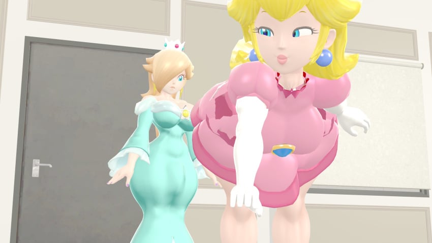 3d bending_over bent_over biting_lip bulge_through_clothing erection_under_clothes futanari kabalmystic lip_bite looking_at_ass looking_back mario_(series) mr_plushgore princess princess_peach princess_rosalina sfm smirk source_filmmaker