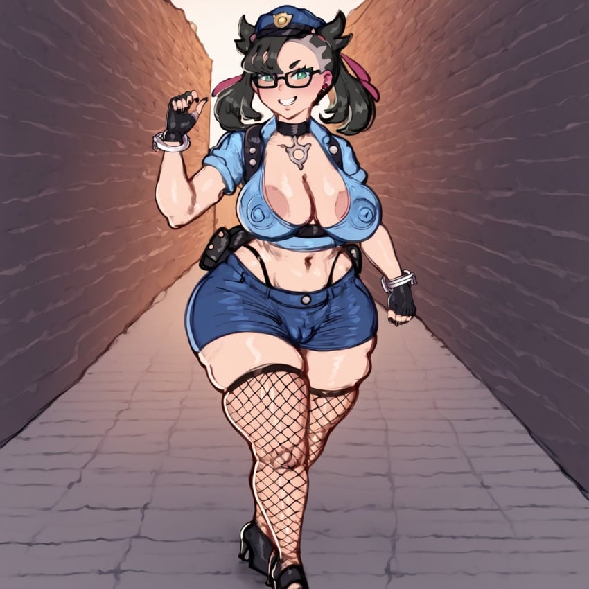 1girls ai_generated alley alternate_breast_size alternate_costume aqua_eyes areola_slip asymmetrical_bangs asymmetrical_hair bangs belly bespectacled big_areola big_breasts big_nipples black_choker black_footwear black_gloves black_hair black_nails blue_shirt blue_shorts blush bracelet breasts breasts_out busty cameltoe choker chubby cleavage clenched_hand collarbone covered_nipples crop_top cropped_shirt crossed_legs cuffs curvy curvy_body curvy_female curvy_figure earrings female fingerless_gloves fishnets fit_female full_body glasses gloves green_eyes grin hair_ribbon handcuffs hary96 hary96_(style) hat heart high_heels highleg highleg_panties huge_breasts huge_thighs jewelry large_breasts legs long_hair looking_at_viewer low_twintails marnie_(pokemon) mature mature_female medium_hair midriff nail_polish narrow_waist navel nintendo nipples no_bra panties pink_ribbon plump pokemon pokemon_(game) pokemon_ss police police_hat police_uniform policewoman ribbon sagging_breasts sagi93 shirt shoes short_hair short_shorts short_sleeves short_twintails shorts skindentation smile solo spiked_bracelet spikes standing stomach teeth thick thick_eyebrows thick_hips thick_legs thick_thighs thighhighs thighs thong twintails undercut underwear uniform venus_body voluptuous voluptuous_female walking wide_hips