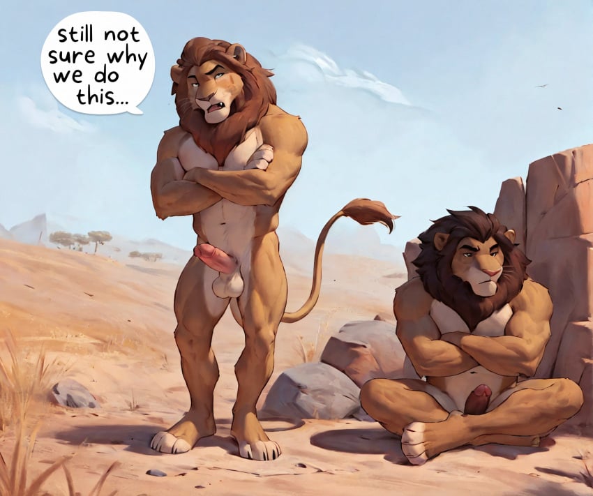 2boys average_sized_penis crossed_arms crossed_legs detailed_background erection fathippo lion male savanna sitting standing text text_bubble upset