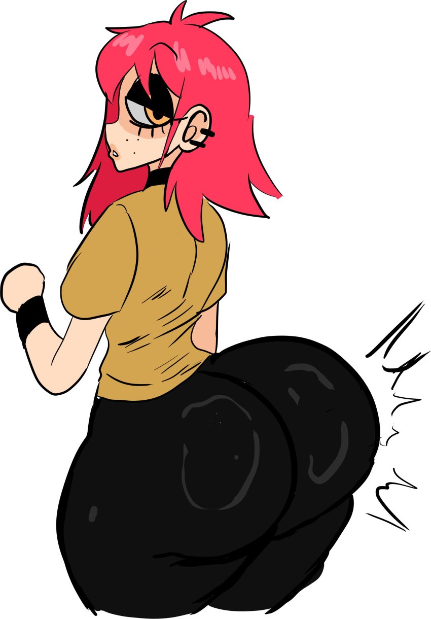 armband big_butt black_eyeshadow ear_piercing fully_clothed impact_lines lemonadepikachu neckwear oc original original_character red_hair redhead_female sam_(lemonadepikachu) tired tired_eyes tired_look yellow_shirt