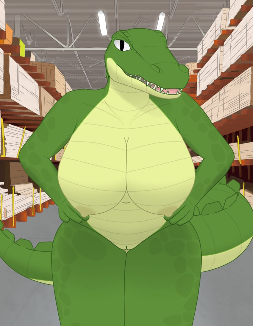 alligator alligatorid anicecubedwolf anthro breasts clothed clothing countershade_face countershade_tail countershade_torso countershading crocodilian delta_(anicecubedwolf) digital_media_(artwork) female fingers genitals green_body hands_on_hips hi_res leaning leaning_forward looking_at_viewer multicolored_body navel nipples nude open_mouth public public_nudity pussy reptile scales scalie solo tail teeth the_home_depot