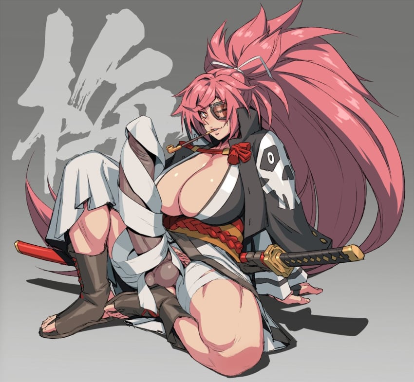 arm_support baiken bandages big_hair black_jacket black_kimono breasts cleavage commentary_request erection eyepatch facial_tattoo female full_body futanari gradient_background grey_background guilty_gear guilty_gear_strive hair_tie highres huge_cock jacket jacket_on_shoulders japanese_clothes kataginu katana kimono knee_up large_breasts long_hair long_sleeves looking_at_viewer mikoyan multicolored_clothes multicolored_kimono one-eyed open_clothes open_kimono penis pink_hair ponytail red_eyes samurai sandals scar scar_across_eye sheath sheathed simple_background sitting smoking_pipe solo sword tattoo translation_request weapon white_kimono