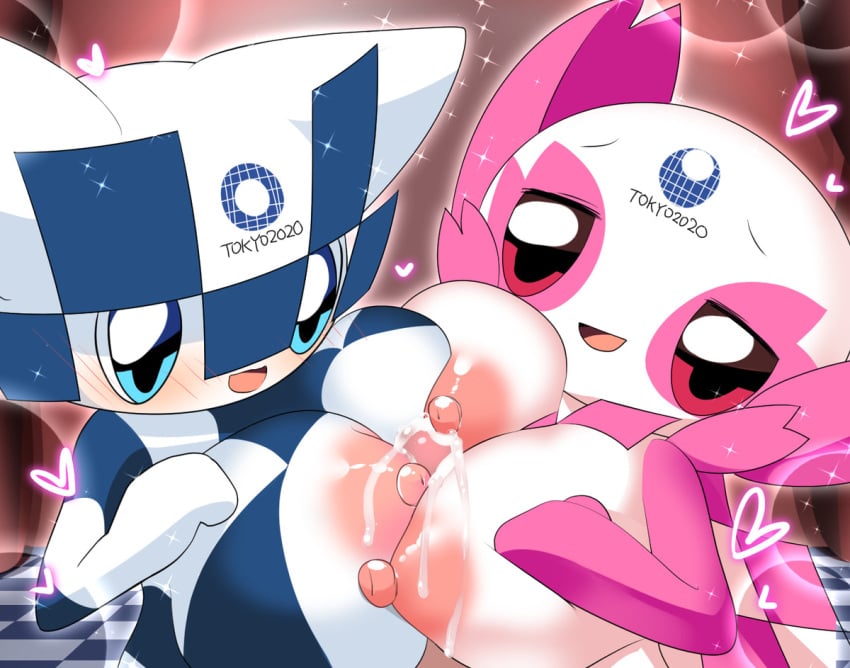 1boy 2020_tokyo_olympics 2girls ambiguous_gender big_breasts blue_eyes boobjob breasts cape cum lets0020 mascot miraitowa olympics penis someity tagme