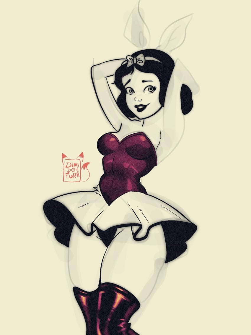 dimidotfurr disney female leotard nervous_smile raised_arms sketch skirt snow_white_(disney) thick_thighs thighhighs