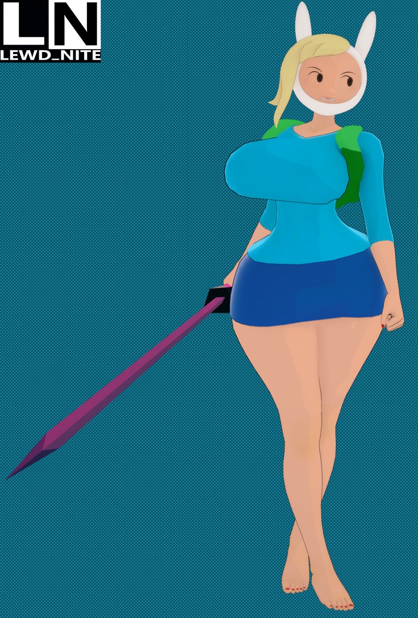 3d adventure_time backpack bag barefoot cartoon_network clothing feet female fionna_and_cake fionna_campbell fionna_the_human_girl headwear human lewd_nite pale_skin pinup sword tagme weapon