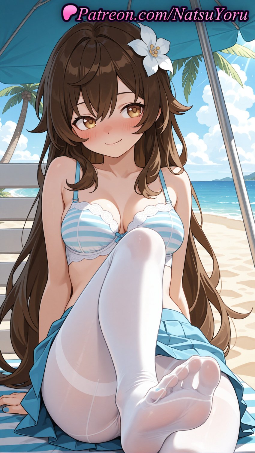 1girls ai_generated anime anime_style arm_support asian bangs bare_arms bare_shoulders beach beach_umbrella bikini bikini_top_only blue_bra blue_nails blue_skirt blue_sky blush bow_bra bra breasts brown_eyes brown_hair bust busty cleavage closed_mouth cloud collarbone day feet female female_focus female_only flower foot_fetish foot_focus foot_out_of_frame hair_between_eyes hair_flaps hair_flower hair_ornament hentai knee_up leg_up legs long_hair looking_at_viewer makeup medium_breasts miniskirt nail_polish natsuyoru no_shirt no_shoes nose_blush ocean original original_character outdoors palm_tree panties panties_under_pantyhose pantyhose pleated_skirt pov_feet presenting_foot sheer_legwear sitting skirt sky smile soles solo solo_female striped striped_bikini striped_bra striped_clothes swimsuit thighband_pantyhose thighs toenail_polish toenails toes tree umbrella underwear very_long_hair voluptuous voluptuous_female white_flower white_pantyhose