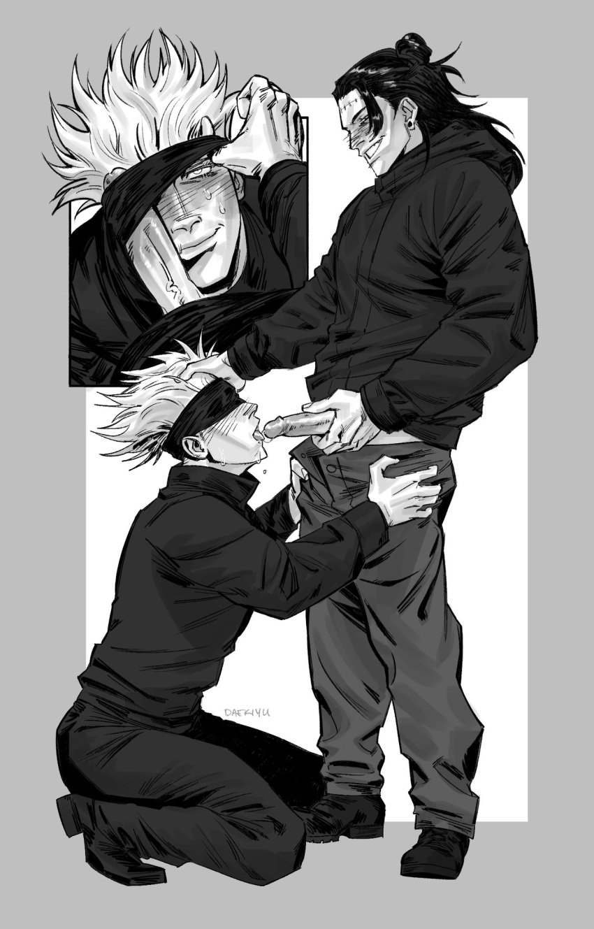 2boys black_hair blindfold blush daekiyu erection fellatio full-face_blush gay jujutsu_kaisen kenjaku licking long_hair long_sleeves looking_at_another male_focus multiple_boys oral pants penis penis_grab penis_on_face satoru_gojo shoes suguru_geto sweatdrop white_hair yaoi