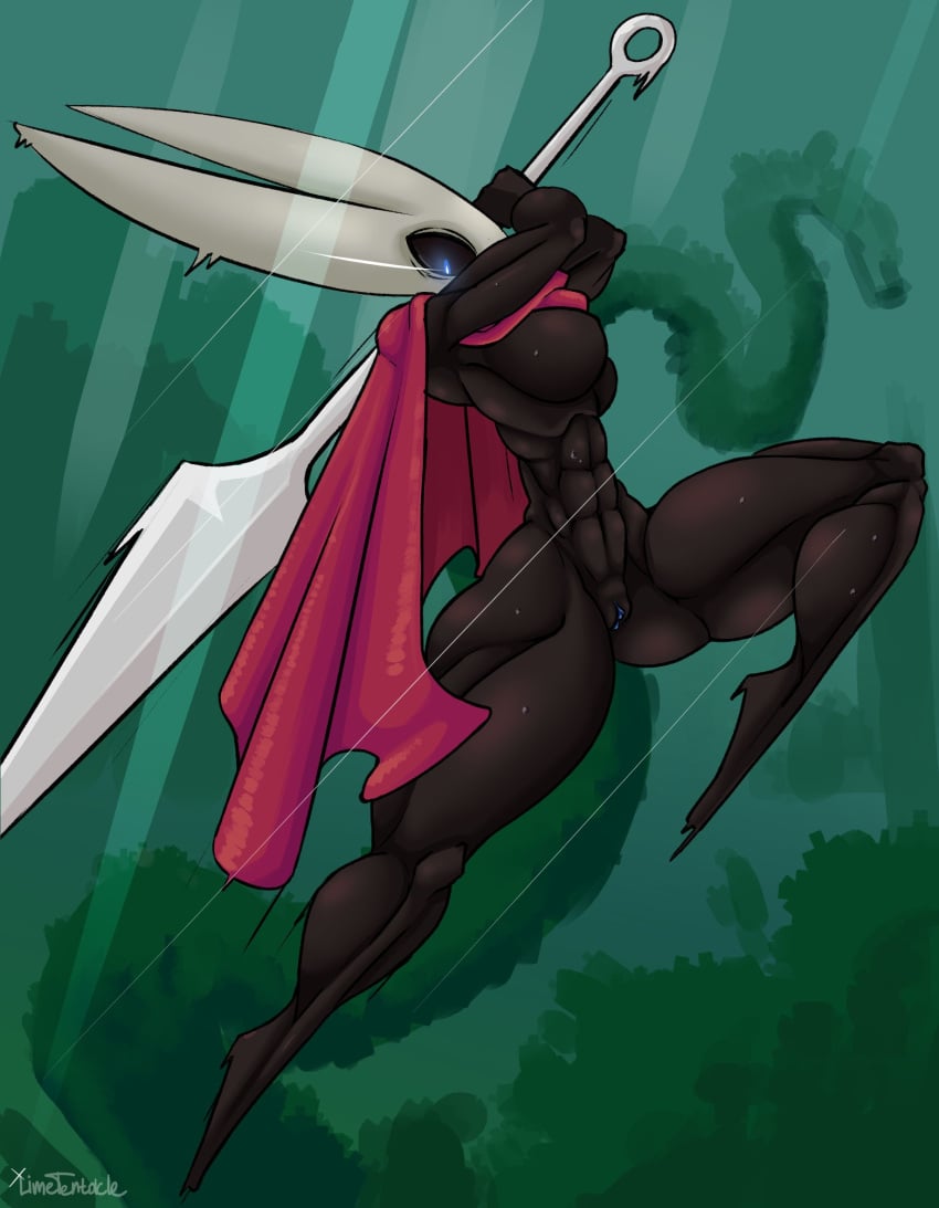 abs action_pose anthro arthropod black_body bodily_fluids breasts cape clothed clothing feet female genitals hi_res hollow_knight hornet_(hollow_knight) insects jumping limetentacle midair muscular muscular_female non-mammal_breasts partially_clothed pose pussy solo sweat team_cherry thick_thighs weapon wide_hips