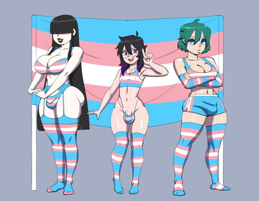 1boy 1femboy 2futas bangs_over_eyes black_and_purple_hair black_hair blue_eyes bra calamity_(marisfaraway) darkeros darkeros13 femboy futanari garter_straps glasses goth goth_futa green_hair lingerie lucy_(marisfaraway) miriam_(marisfaraway) obscured_eyes pinup pride_month purple_eyes shorts striped_armwear striped_legwear tanktop thong transgender transgender_flag transgender_pride_colors