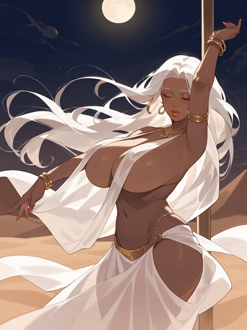 1girls ai_generated breasts closed_eyes dancer dancer_outfit dancing dark-skinned_female dark_skin female female_only huge_breasts jewelry jjockey long_hair moon navel original solo solo_female white_hair