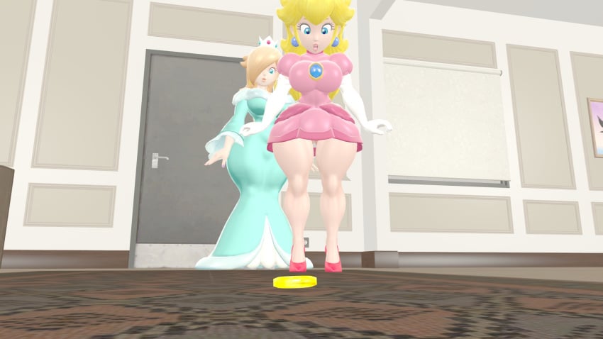 3d blue_dress clothed coin futanari high_heels kabalmystic looking_at_object looking_down mario_(series) mr_plushgore pink_dress princess princess_peach princess_rosalina sfm source_filmmaker thick_thighs